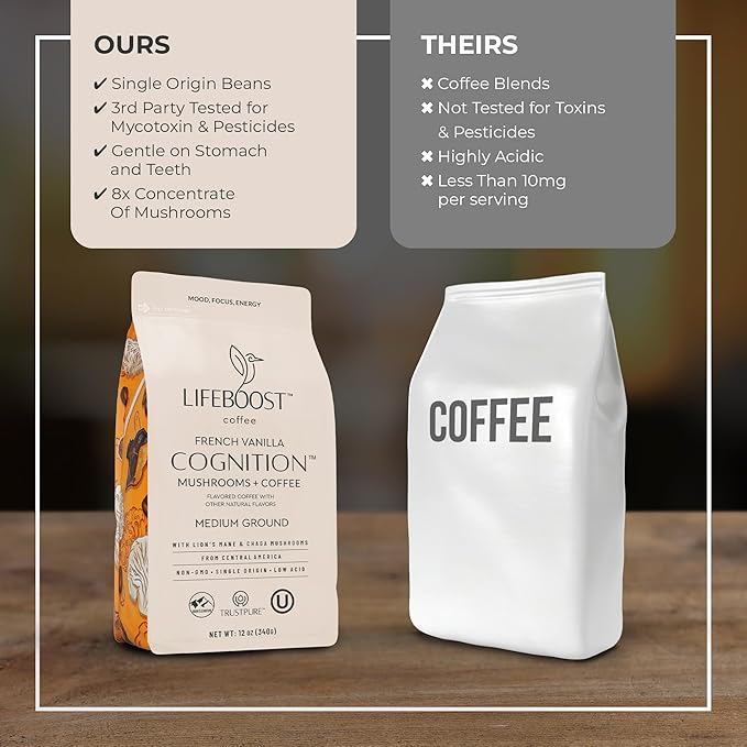 Lifeboost French Vanilla Cognition Mushroom Coffee - Low Acid Medium Organic Coffee with Nootropic Lions Mane &amp Chaga Mushrooms - Increase Energy Boost Focus &amp Immune Support - 12 oz Bag - Gr