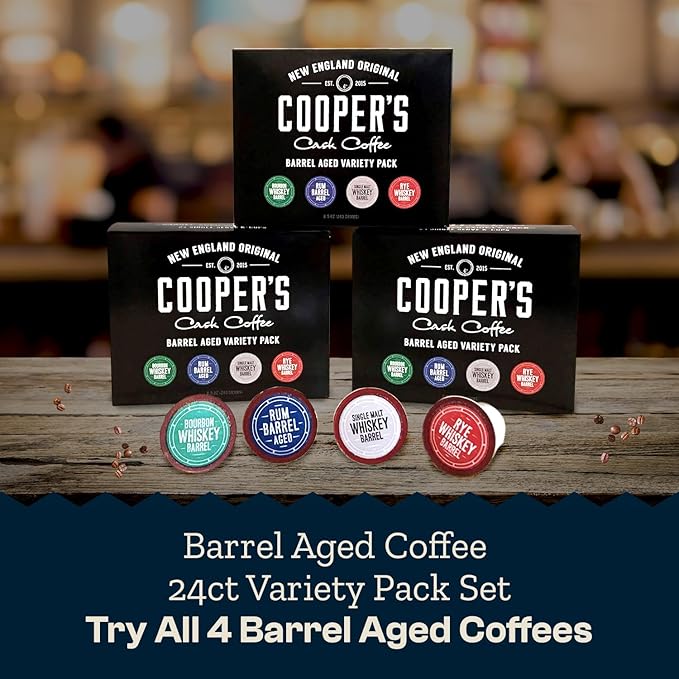 Cooper’s Cask Coffee Bourbon Barrel Aged Coffee Pods Variety Pack Set - Single Serve Cups Bourbon Rye Whiskey Malt Whiskey Rum Flavors 24ct