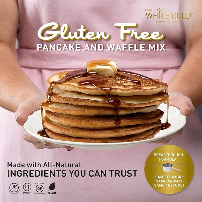 Extra White Gold Pancake &amp Waffle Mix – For Baking Cakes Cupcakes Desserts – [Gluten Free] [Nut Free] [Free of the Top 14 Major Allergens] – 14.1 Ounces (4 Pack)