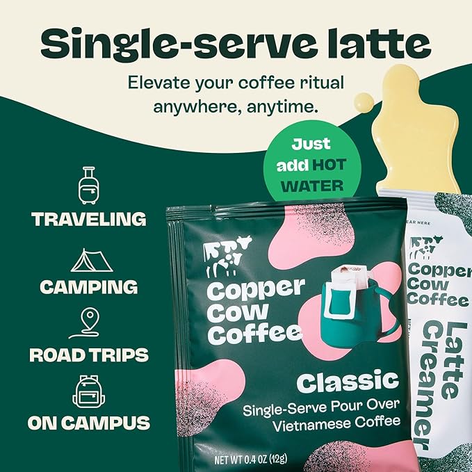 Copper Cow Vietnamese Coffee Variety Pack (15 Coffees &amp 15 Creamers)| Classic Churro &amp Vanilla Latte | Pour Over Single-Serve Lattes No Refrigeration Needed Travel Friendly Ground Coffee