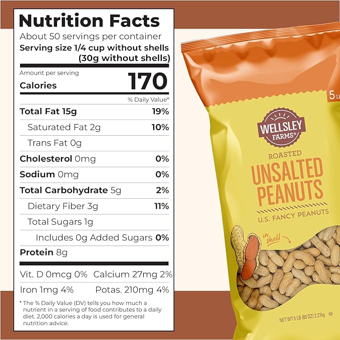 Wellsley Farms Unsalted Roasted In-Shell Peanuts USA Grown Whole with Shell Non-GMO Low Sodium Cholesterol-Free Shell-Cracking Snack for Game Day BBQ &amp Travel 5 lb Bag