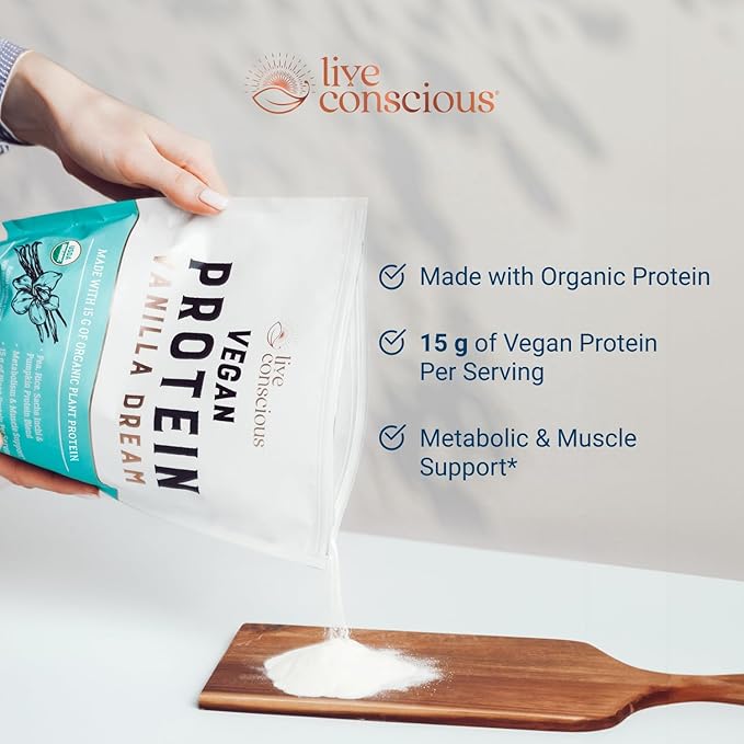 Live Conscious Vegan Pea Protein Powder - Vanilla Dream Flavor | Plant-Based Vegan Protein Blend - Pea Brown Rice Pumpkin Sacha Inchi | 20 Servings 18 oz