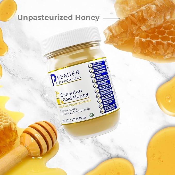 Premier Research Labs Canadian Gold Honey - Raw Honey Pure Honey Raw Unpasteurized Honey Unfiltered 100% Pure Sugar-Free Unprocessed Wildflower Honey - 1 lb Jar