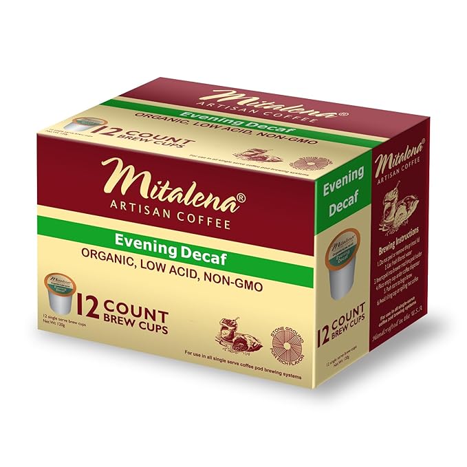Mitalena Artisan Coffee - Evening Decaf Organic Low Acid Coffee Pods Water Process Naturally Low Acid Compatible with Keurig Coffee Maker Chemical Free Naturally Low Acid 96 K Cups