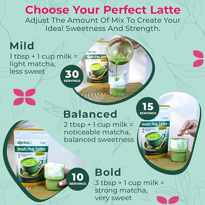 AprikaLife Matcha Latte Powder Premium Barista Crafted Mix with Natural Vanilla Flavor - Authentically Japanese - 1st Harvest Ceremonial Grade Sweet Matcha Powder Used by Coffee Shops 6.8 oz / 180g