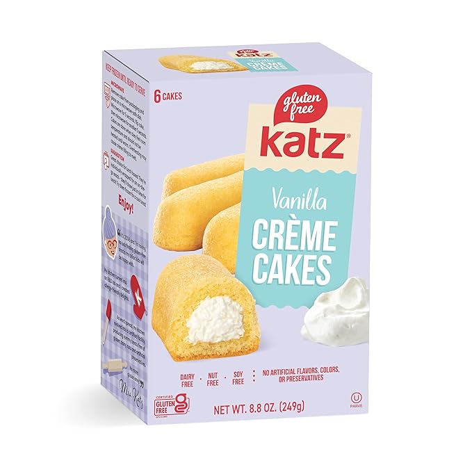 Katz Gluten Free 8 Pack 2 Crème Cakes 2 Crème Cupcakes 2 Donuts 2 Donut Holes. Free of Dairy Tree Nuts Peanuts Sesame and Soy.