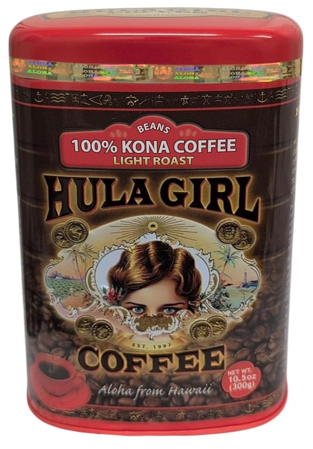HULA GIRL 100% KONA Roasted Arabica Whole Bean Coffee Light Roast Net Wt. 10.5 Ounce (0.66Lb) 300 Grams Collector Tin