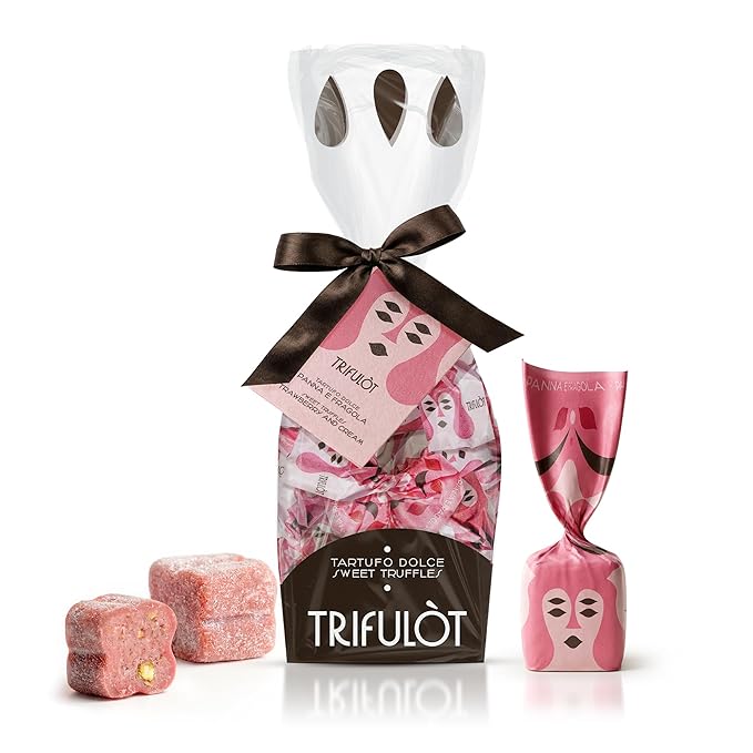 TartufLanghe Trifulot Strawberry &amp Cream White Chocolate Truffles with Almonds - Individually Wrapped Gourmet Italian Truffle Candy Fancy Chocolate Gift Set in a Bag From Italy- 6.34 OZ