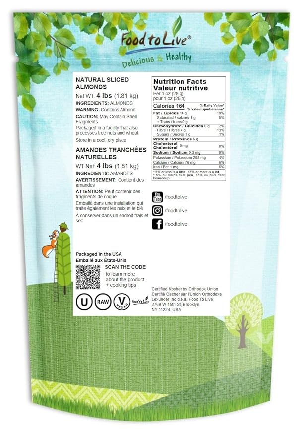 Food to Live California Natural Sliced Almonds 4 Pounds – Raw Unblanched Almond Nuts Kosher Vegan Keto Bulk. High in Protein Dietary Fiber Vitamin E. Great for Desserts Salads Granola