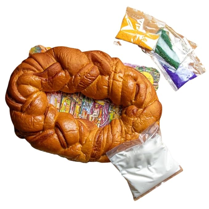 Caluda's King Cake DIY Kit - Pack of 2 - Fresh Un-Iced Brioche Cake with Icing Packets Mardi Gras Colored Sugars Baby Decorating Instructions Serves 10-12 Authentic New Orleans Louisiana Mardi Gr