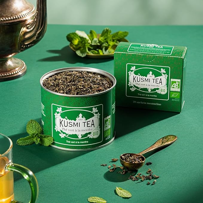 Kusmi Tea - Spearmint Green - Organic Blend of Gunpowder Green Tea with Mint - Peppermint Tea - Enjoy Hot or Ice - Organic Flavored Green Tea - Loose Leaf Tea - Tin Box of 3.5 oz - For about 50 cups