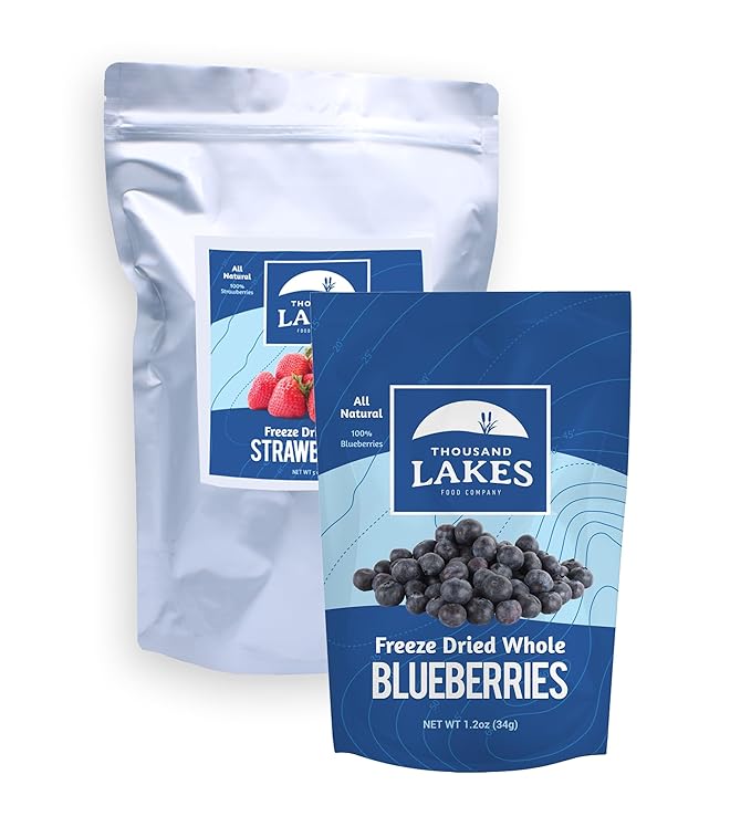 Thousand Lakes Freeze Dried Strawberries and Blueberries - 100% Sliced Strawberries 5 oz and Whole Blueberries 1.2 oz