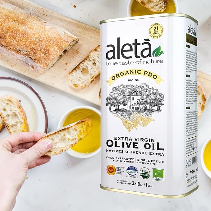 Aleta Farms Olive Oil Extra Virgin USDA Organic Single Estate PDO Polyphenol Rich Olive Oil Cold Pressed Global Gold Awards Kosher 33.8 Fl oz (1 Ltr) Pack of 4