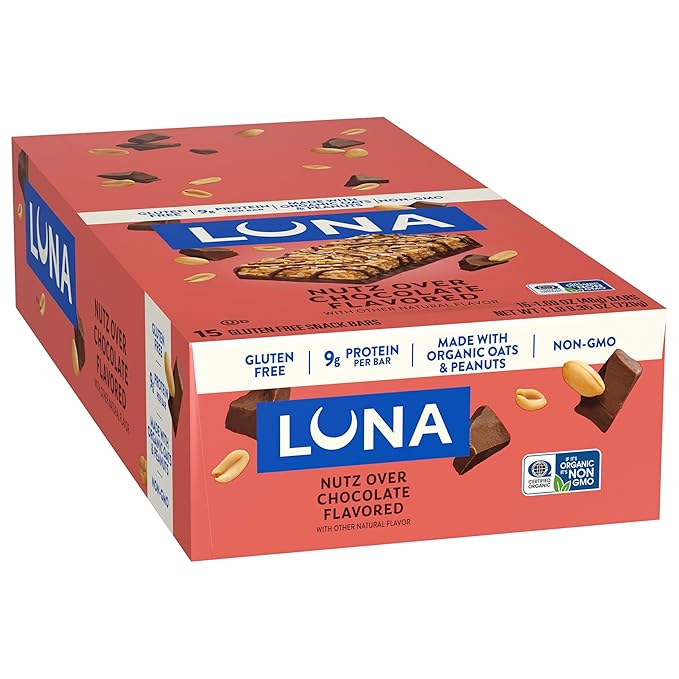 LUNA Bar - Nutz Over Chocolate Flavor - Gluten-Free - Non-GMO - 7-9g Protein - Made with Organic Oats - Low Glycemic - Whole Nutrition Snack Bars - 1.69 oz. (15 Count)