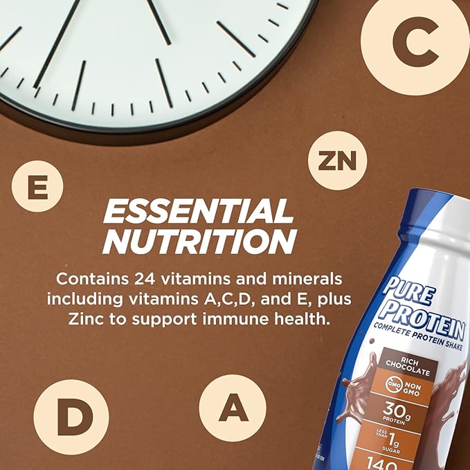 Pure Protein Chocolate Protein Shake 30g Complete Protein Ready to Drink and Keto-Friendly Vitamins A C D and E Plus Zinc to Support Immune Health 11oz Bottles (Pack of 12)