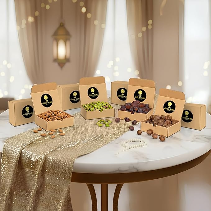 Ramadan Family Dates &amp Nuts Box – 8 Lbs (2 Lbs Each of Premium Barhi &amp Medjool Dates Raw Shelled Pistachios Almonds) – Iftar &amp Suhoor Healthy Snack Ramadan Gift Pack for Families