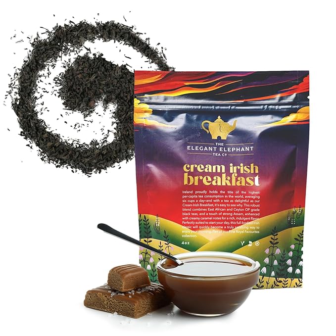 Cream Irish Breakfast Tea Loose Leaf Black Tea – Irish Classic with Caramel &amp Strong Assam – Robust Full-Bodied – Drink Hot or Iced – 4 oz Resealable Bag (Makes 50 Cups) – The Elegant Elephant
