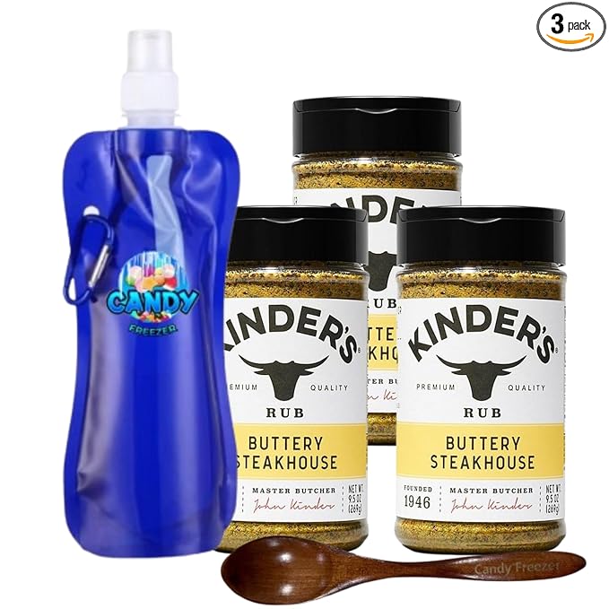 Kinder’s – Three (3) 5.5oz Bottles – Premium BBQ Seasoning for Grilling &amp Roasting – No MSG Gluten-Free Non-GMO – Includes Candy Freezer Collapsible Bottle &amp Wooden Spoon (Total 28.5 oz) ( B