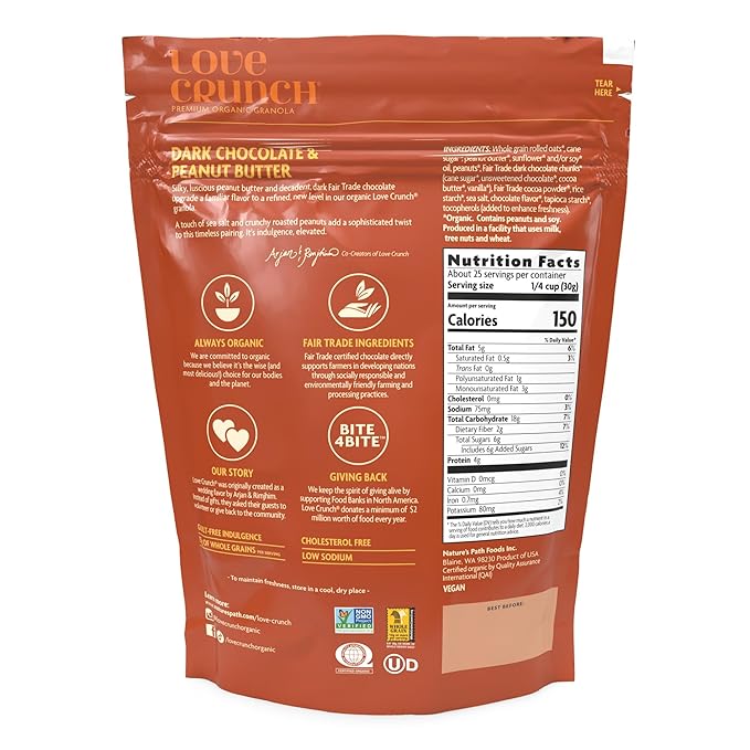Love Crunch Organic Dark Chocolate &amp Peanut Butter Granola 26.4 oz (Pack of 6) Non-GMO Fair Trade by Nature's Path