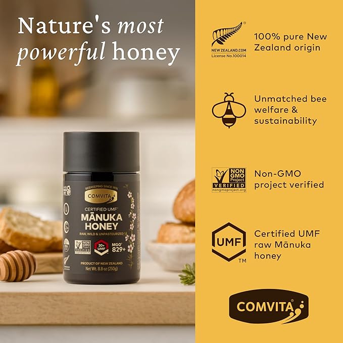Comvita Manuka Honey UMF 20+ (MGO 829+) - Raw Manuka Honey New Zealand Pure &amp Unpasteurized Superfood for Immune Health Use in Tea Wild Monofloral Non-GMO - 250g (8.8 oz)