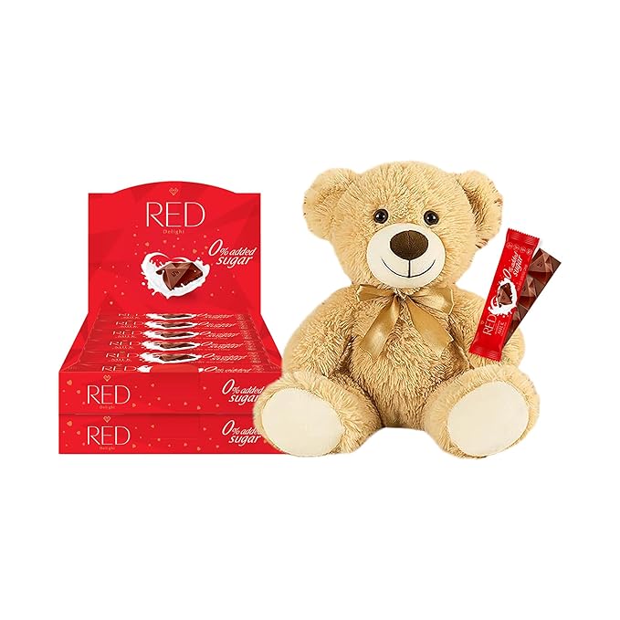 RED Delight®™ Milk Chocolate 12 Count Box of Grab N Go Travel Size Bars (0.92 Ounces Each) with a 14 Plush Teddy Bear (2 Boxes - Total of 24 Bars + 14 Plush Teddy Bear)