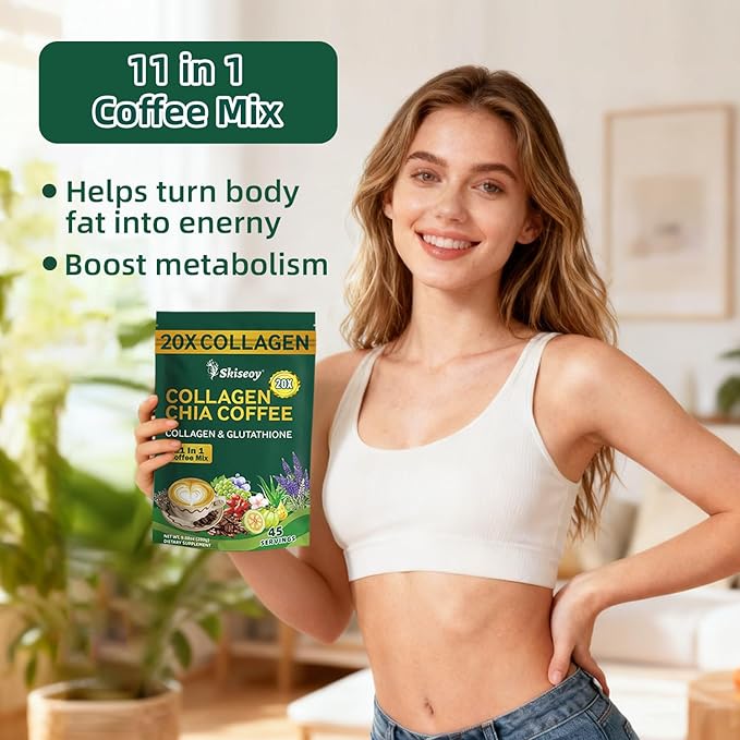 Skiseoy 20x Collagen Chia Coffee - 11-in-1 Coffee Shape Mix with L-Glutathione for Skin Hair Joints - Boost Energy and Focus Vegan Friendly 45 Servings