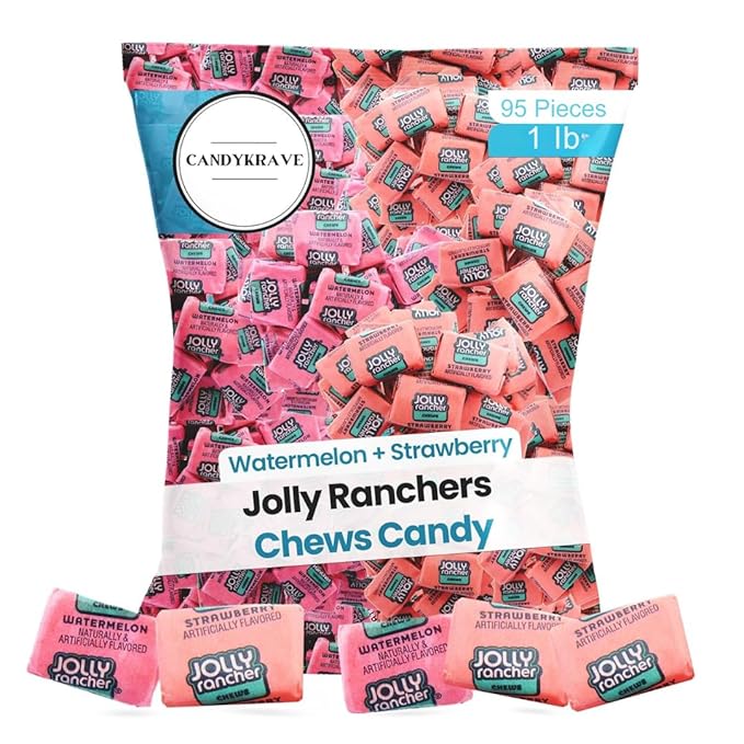 Jolly Ranchers Chews Candy - Watermelon + Strawberry Mix - 95 Pieces of Intense Fruity Blast - Individually Wrapped Delicious Candy Chews for Birthdays Easter Christmas &amp Pantry (1 lb)