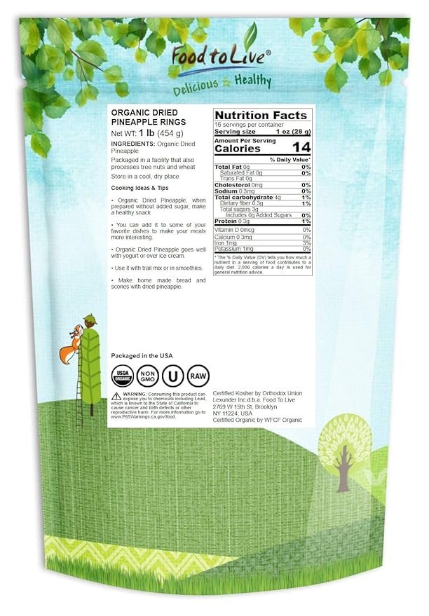 Food to Live Organic Dried Pineapple Rings 1 Pound Non-GMO Flavorful Chewy Fruit Snack Vegan Unsulfured No Sugar Added Bulk Addition to Desserts Cakes Pies No Sulphites Unsweetened