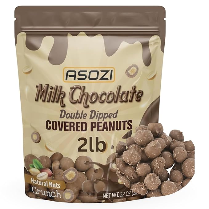 Double Dipped Milk Chocolate Covered Peanuts 2LB Resealable Bag – Extra Thick Chocolate Coating Crunchy Premium Peanuts Bulk Candy Snack for Parties Baking &amp Gifting ASOZI