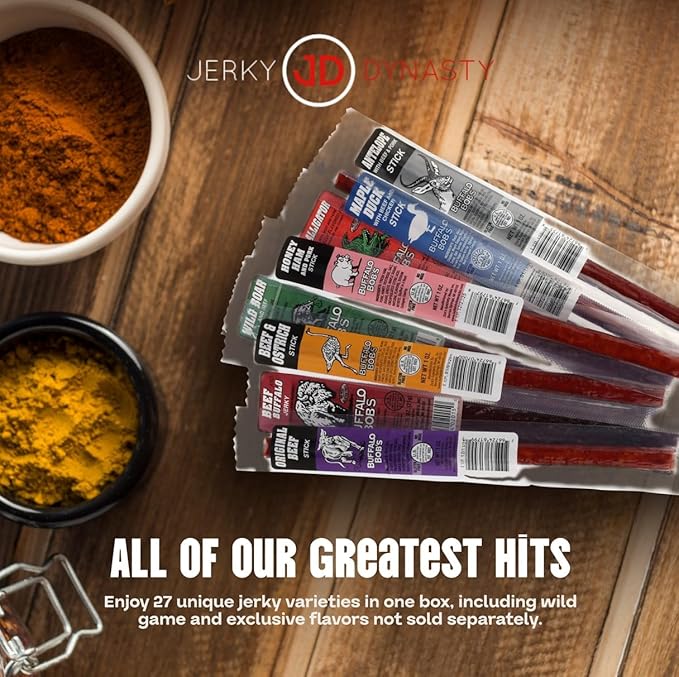 Jerky Dynasty The Ultimate 27-Piece Exotic Jerky with Gift Box - Buffalo Bob's Wild Game Jerky Variety Pack - Exclusive Flavors &amp Protein Snack - Farm Raised