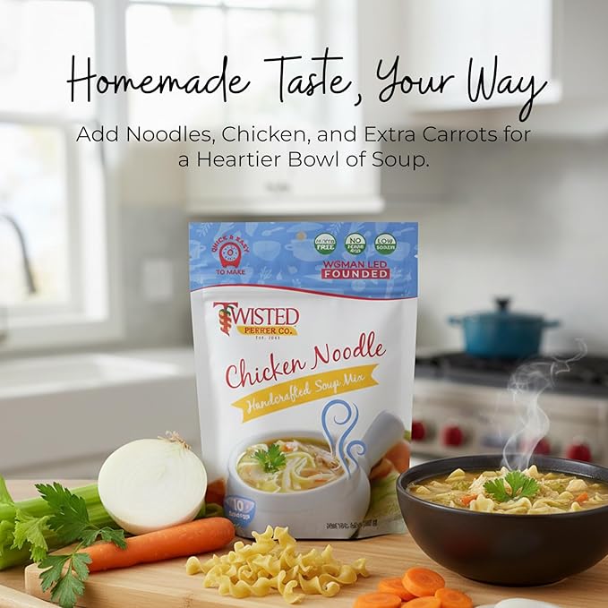 Twisted Pepper Co. Chicken Noodle Dry Soup Mix: Gluten-Free – Handcrafted Homestyle Soup – Classic Comfort Flavor Low Sodium No Added MSG Quick &amp Easy Family Meal Serves 10 Add Chicken &amp