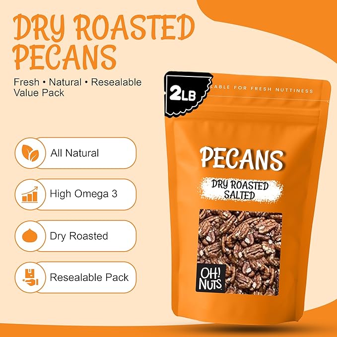Oh! Nuts Pecans Dry Roasted Salted - All Natural Salted Pecans Halves - 2 lb Bulk Bag - Oil-Free Crunchy Snack