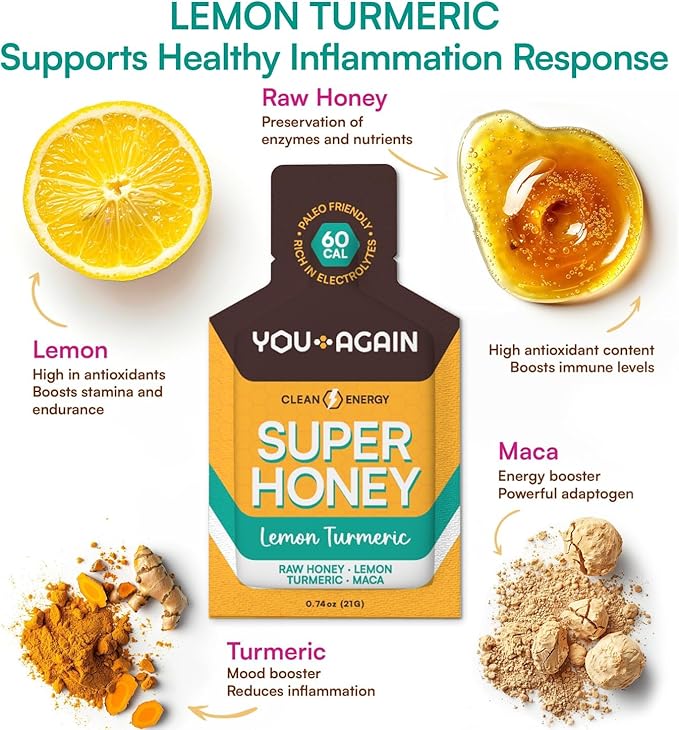 You Again Super Honey Lemon Turmeric | Workout Clean Energy Gel Packs | Cycling Endurance Running Gel or Energy Snack | Paleo &amp Carnivore Snack | Gluten-Free | Made in USA | 8-Pack