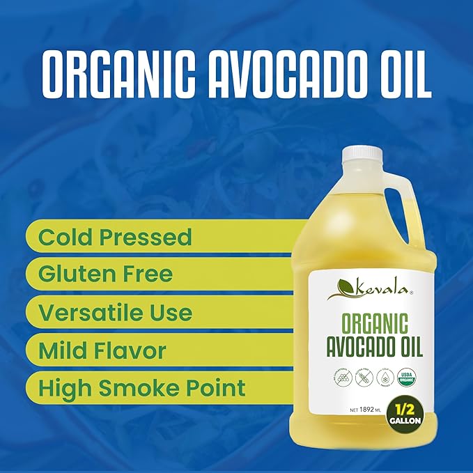 Kevala Organic Avocado Oil - 64 fl oz - 1.8 L - Half a Gallon - Cold Pressed - Avocado Oil for Cooking - Organic Vegetable - High Smoke Point – For Skin and Hair
