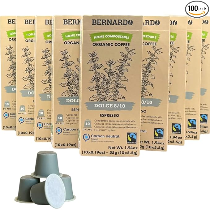 Bernardo DOLCE Espresso Biodegradable Capsules Compatible with Nespresso Original Line Intensity 8/10 USDA Organic Home Compostable Capsules. 100 Count (10 Boxes of 10 Espresso Pods)