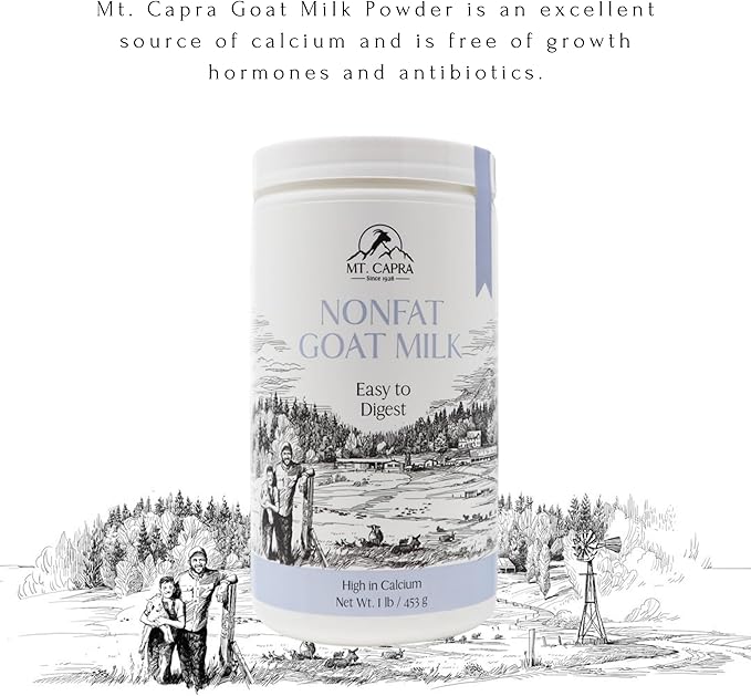 Mt. Capra Non-Fat Goat Milk | Powder from Non-GMO Grass-Fed Goats Creamy Great Tasting Easy to Digest A2 Milk | 16 Servings - 1 Pound