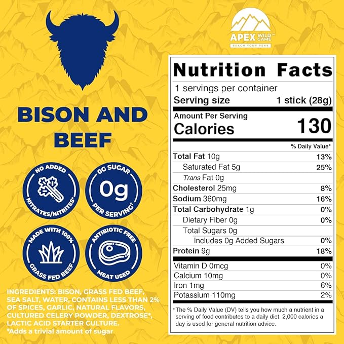 Apex Wild Game Gluten Free Keto Paleo Grass Fed Beef Zero Sugar Jerky Meat Snack Stick 1oz 12-Pack Bison