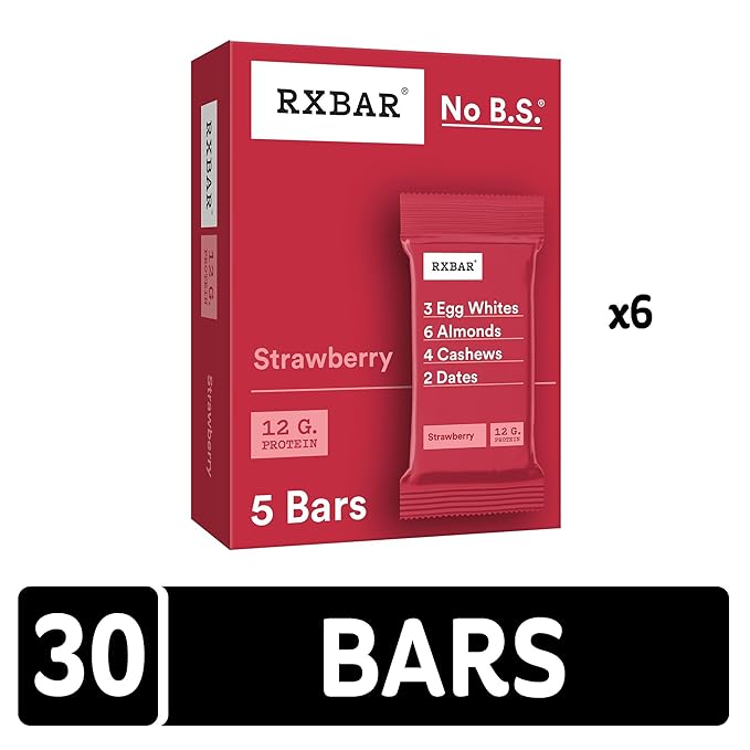 RXBAR Protein Bars 12g Protein Gluten Free Snacks Strawberry (6 Boxes 30 Bars)