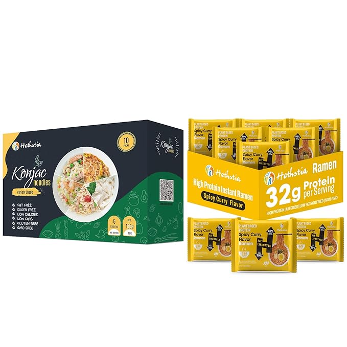 Hethstia Konjac Noodle Variety &amp Spicy Curry High Protein Ramen 10-Pack Low Carb Shirataki Pasta with 6-Pack 32g Plant Protein Instant Noodles Keto Low Calorie Non-GMO Healthy Meal Kit