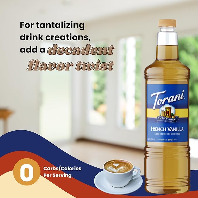 Torani Sugar Free French Vanilla Syrup 1 Liter Bottle with Pump Dispenser – Zero Calorie Flavored Coffee Syrup for Lattes Cold Brews Teas Cocktails &amp Desserts – Keto Friendly