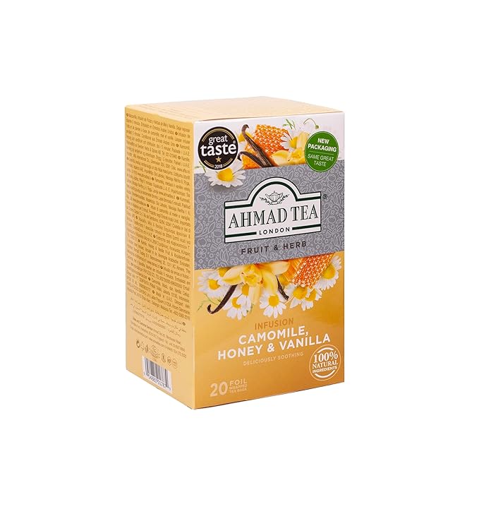 Ahmad Tea Herbal Tea Camomile Honey &amp Vanilla Teabags 20 ct (Pack of 6) - Decaffeinated &amp Sugar-Free