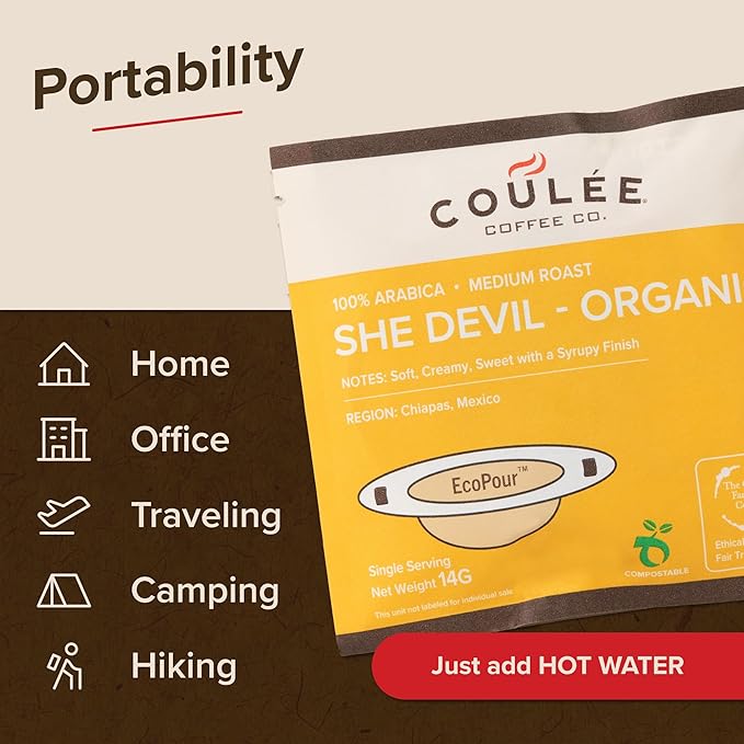 Coulée EcoPour She Devil Coffee Single Serve Pour Over Arabic Coffee Medium Roast Use for Camping or Traveling Pre Filled Compostable Filters Ready to Brew with Hot Water 20 Pack