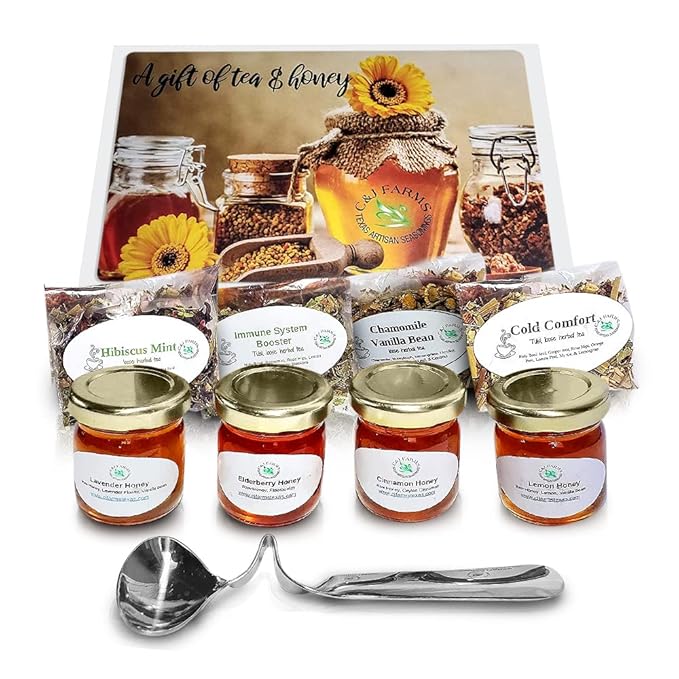 C&ampJ Farms Texas Gourmet Artisan Seasonings A Gift of Tea and Honey Gift Set- 9 Piece Variety Sampler Box- Includes Stir Spoon and Sampling of Loose Leaf Tisanes &amp Infused Honey- Local Natural