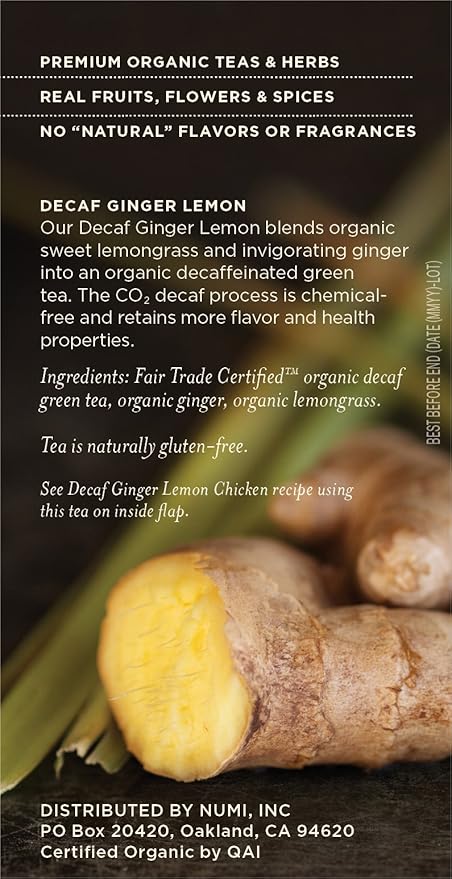 Numi Organic Tea Decaf Ginger Lemon 16 Count Box of Tea Bags (Pack of 3) Decaf Green Tea (Packaging May Vary)