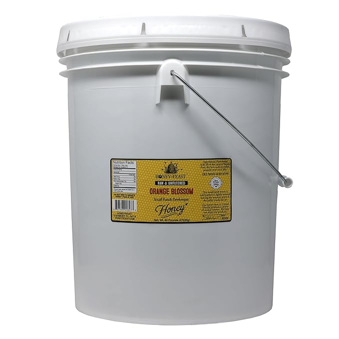 HONEY FEAST Raw Orange Blossom Honey - 5 Gallons (60 pounds) Bulk Honey All Natural Unfiltered Unheated Honey from Oranges Perfect for Large-Scale Sweetening &amp Baking