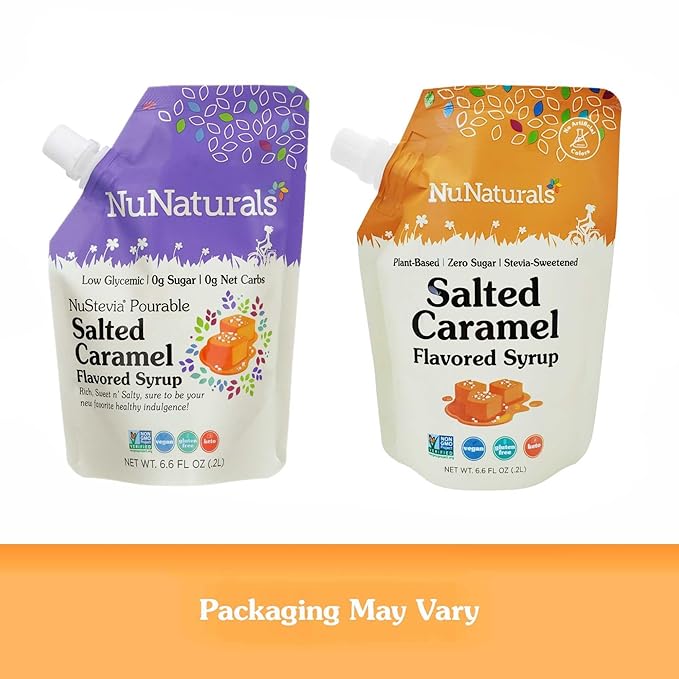 NuNaturals Stevia Syrup Sugar-Free Sweetener Plant-Based Sugar Substitute Zero Calorie Salted Caramel 6.6 oz (3-Pack)