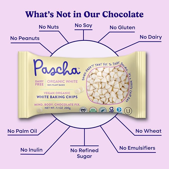Pascha Organic Vegan White Baking Chips - Dairy-Free Alternative - Rice-Based Bulk Baking Chocolate - Allergen-Free &amp Plant-Based - Rainforest Alliance Certified Cocoa Butter (Pack of 6)