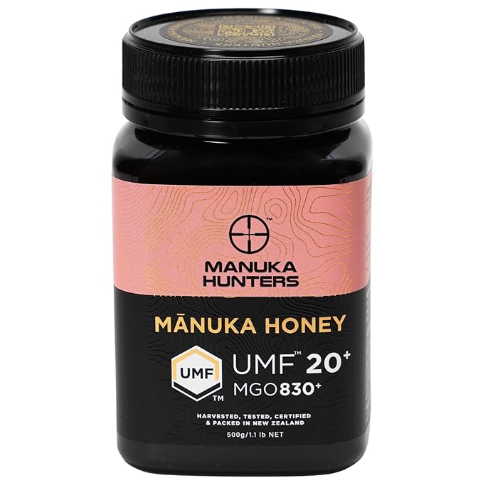 Manuka Hunters UMF 20+/MGO 830+ Certified New Zealand Manuka Honey - 100% Pure Natural Sweetener - Gluten Dairy Free - Ideal for Tea Coffee Smoothies and Baking - Sustainable - 1.1lb/500g Jar