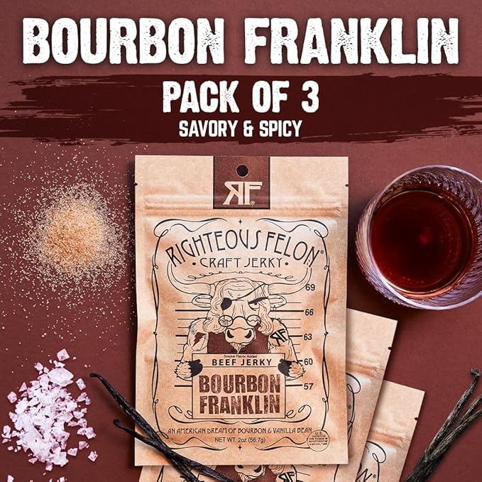 Righteous Felon Beef Jerky - Bourbon Franklin Flavor - All-Natural Bourbon Jerky - Locally Sourced &amp Dried Beef - Low-Sugar High-Protein Healthy Snacks - 2 Ounces Each Pack of 3
