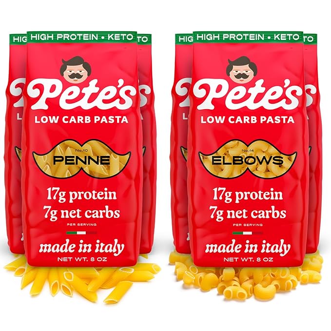 Pete's Pasta 6 Pack Low Carb Pasta - 3 Pack Elbow + 3 Pack Penne Protein Pasta - Authentic Italian Keto Pasta Noodles - Imported from Italy